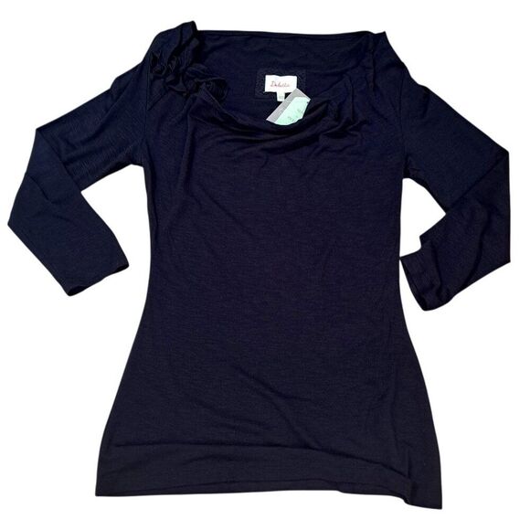 Deletta Anthropologie Women's 3/4 Sleeve Black Boat Neck Ruche Rayon Sz XS - Picture 2 of 8